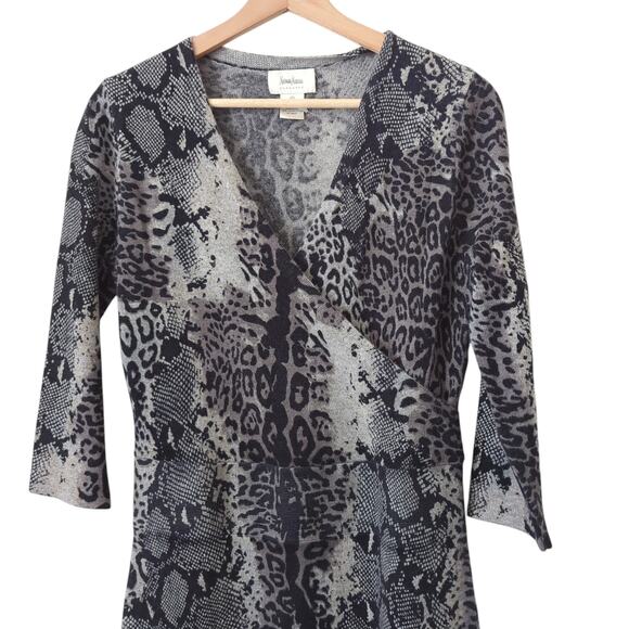 Neiman Marcus Cashmere Dress M Faux Wrap 1/2 Sleeve Mixed Animal Print Cheetah - Picture 3 of 7